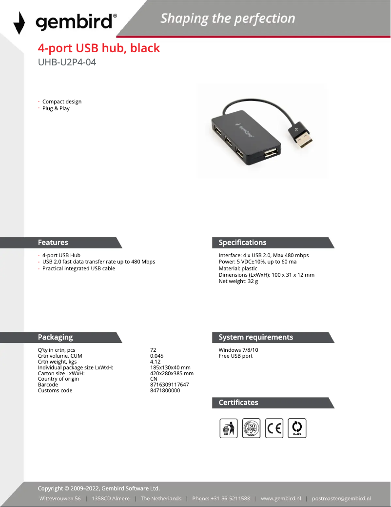 Page n°1 - Manuel utilisateur Gembird UHB-U2P4-04