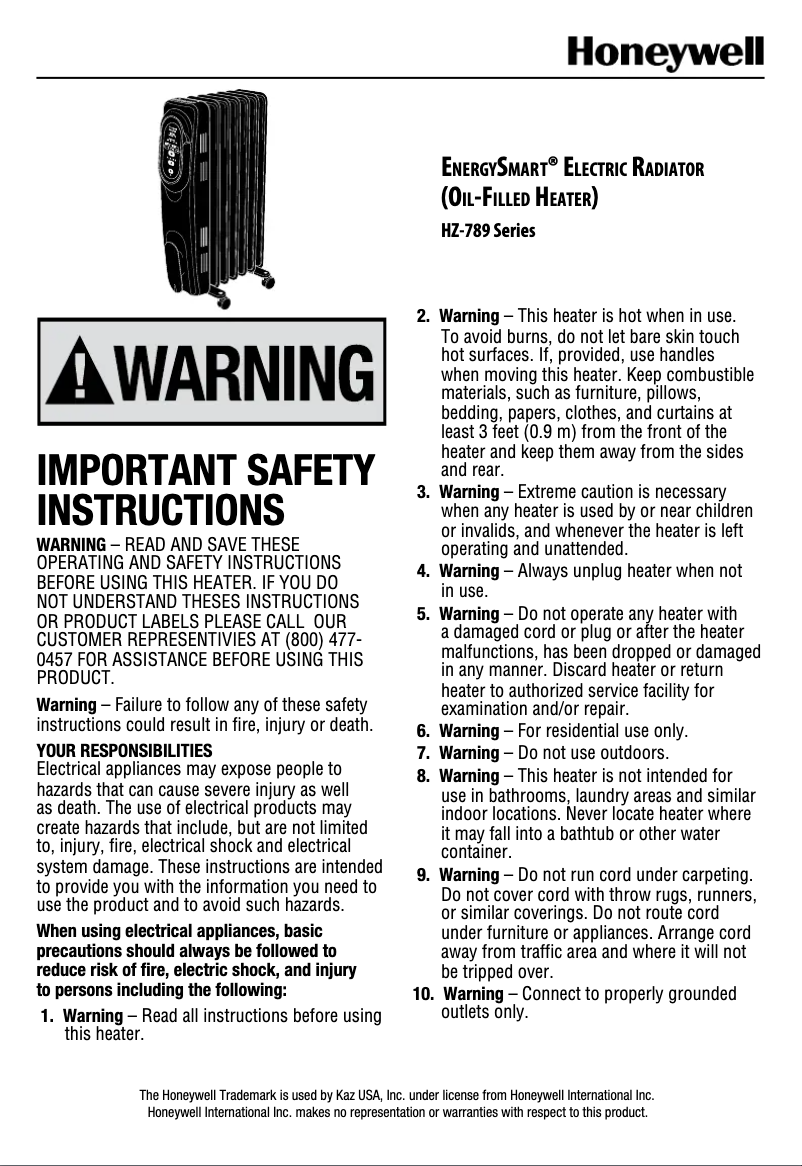 Page n°1 - Manuel utilisateur Honeywell HZ-789
