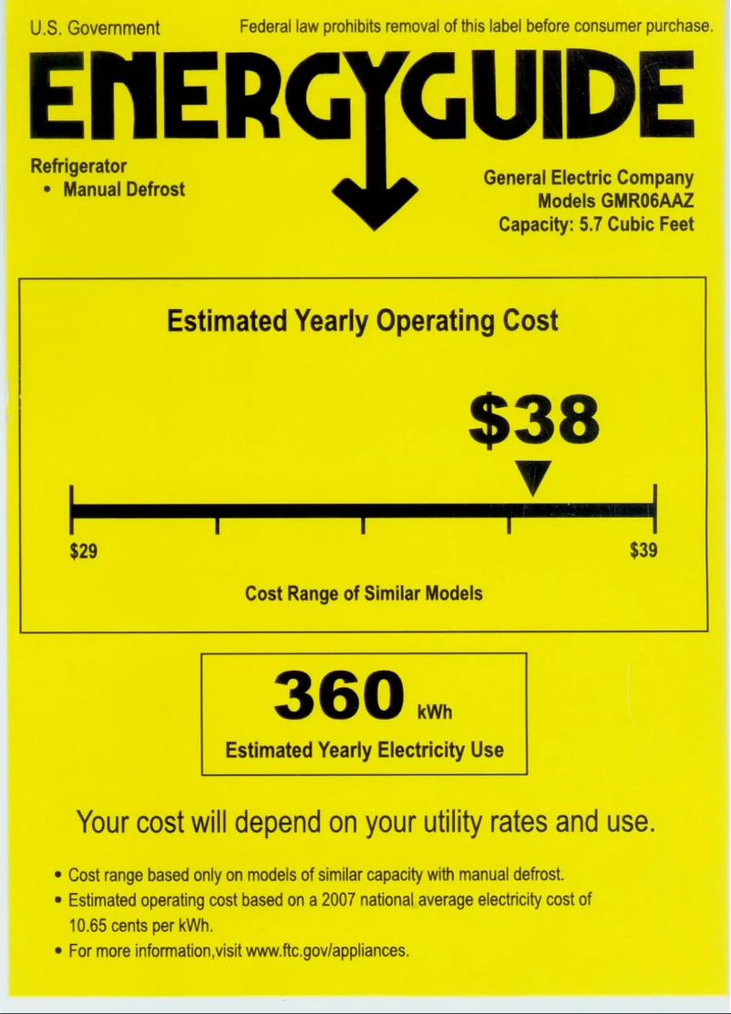 Page 1 de la notice Label énergétique GE GMR06AAZBB