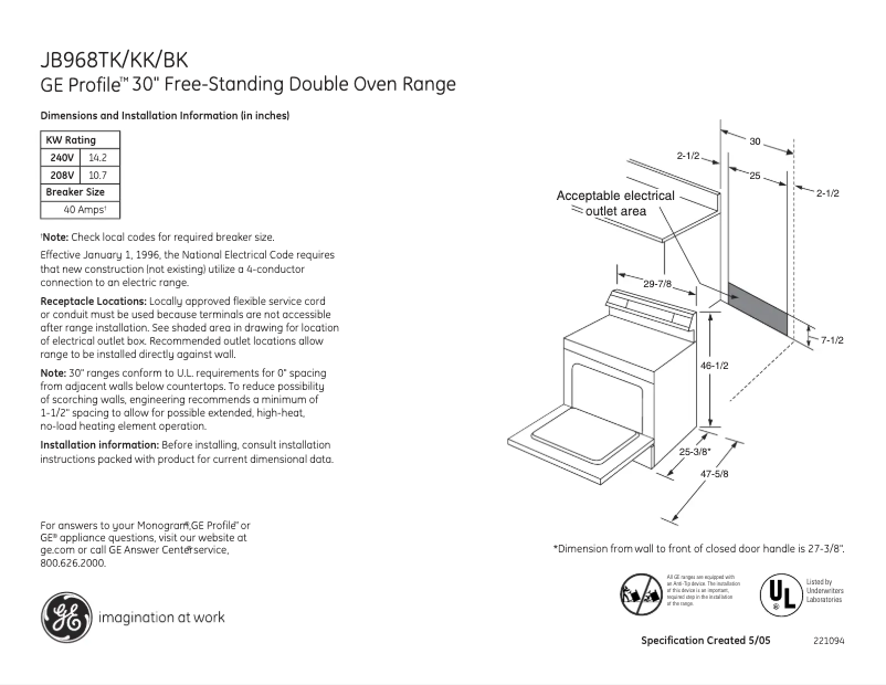 Page 1 of the manual Technical Sheet GE Profile JB968BKBB