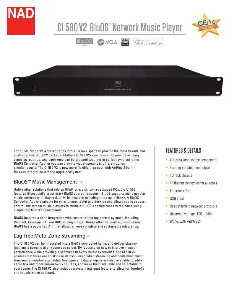 Page 1 de la notice Fiche technique NAD CI 580 V2