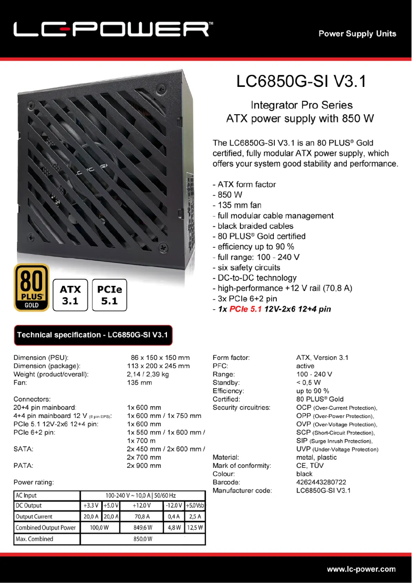 Page 1 de la notice Manuel utilisateur LC-Power LC6850G-SI