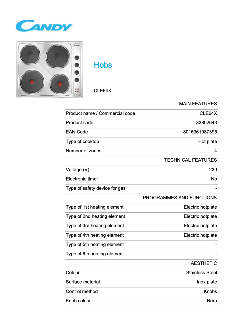 Page 1 de la notice Fiche technique Candy CLE64X