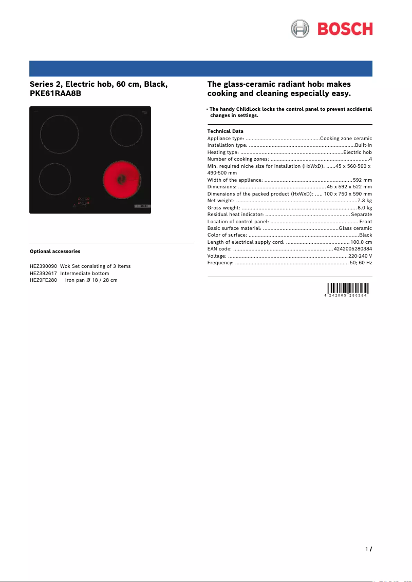 Página 1 del manual Ficha técnica Bosch PKE61RAA8B