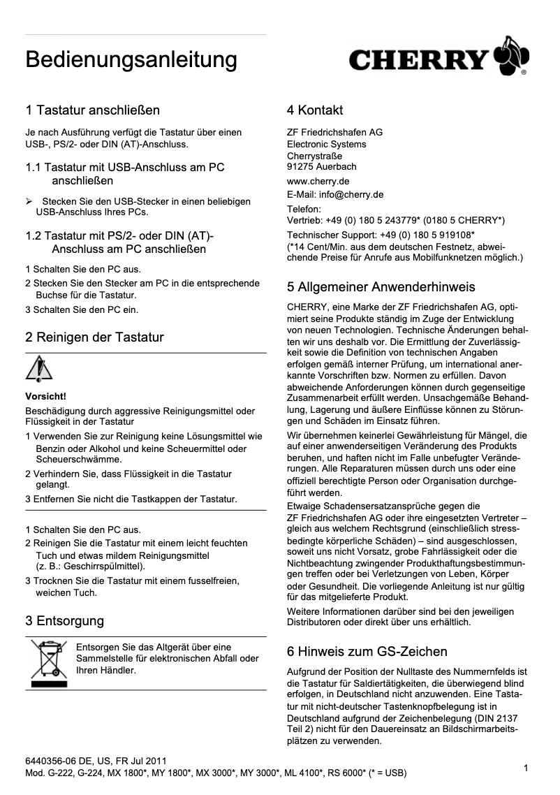 Page 1 de la notice Manuel utilisateur Cherry G83-6105