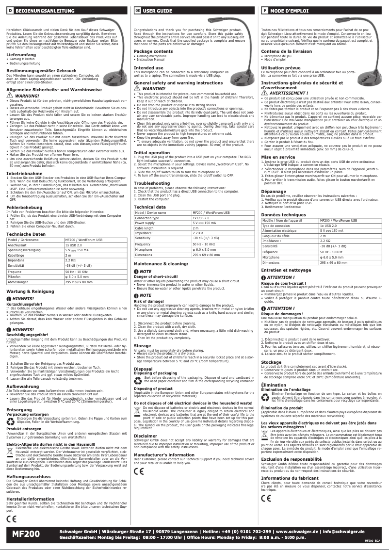 Page 1 de la notice Manuel utilisateur Schwaiger MF200