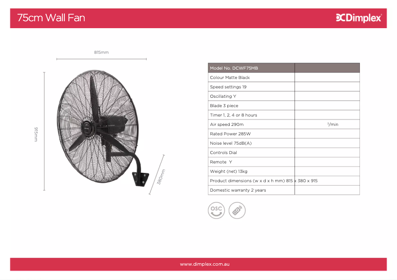 Page n°1 - Fiche technique Dimplex DCWF75MB