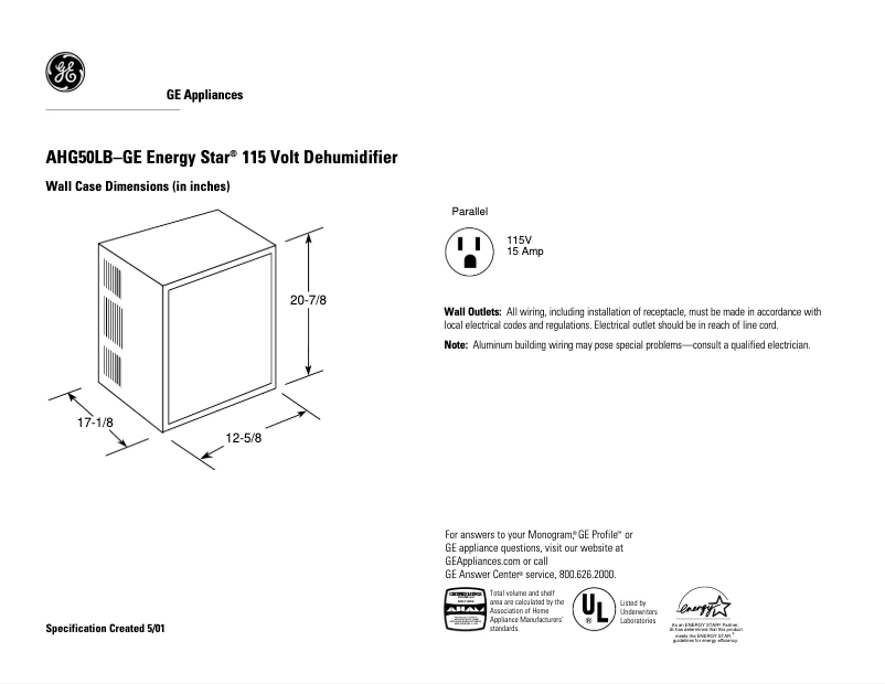 Page 1 de la notice Fiche technique GE AHG50LB