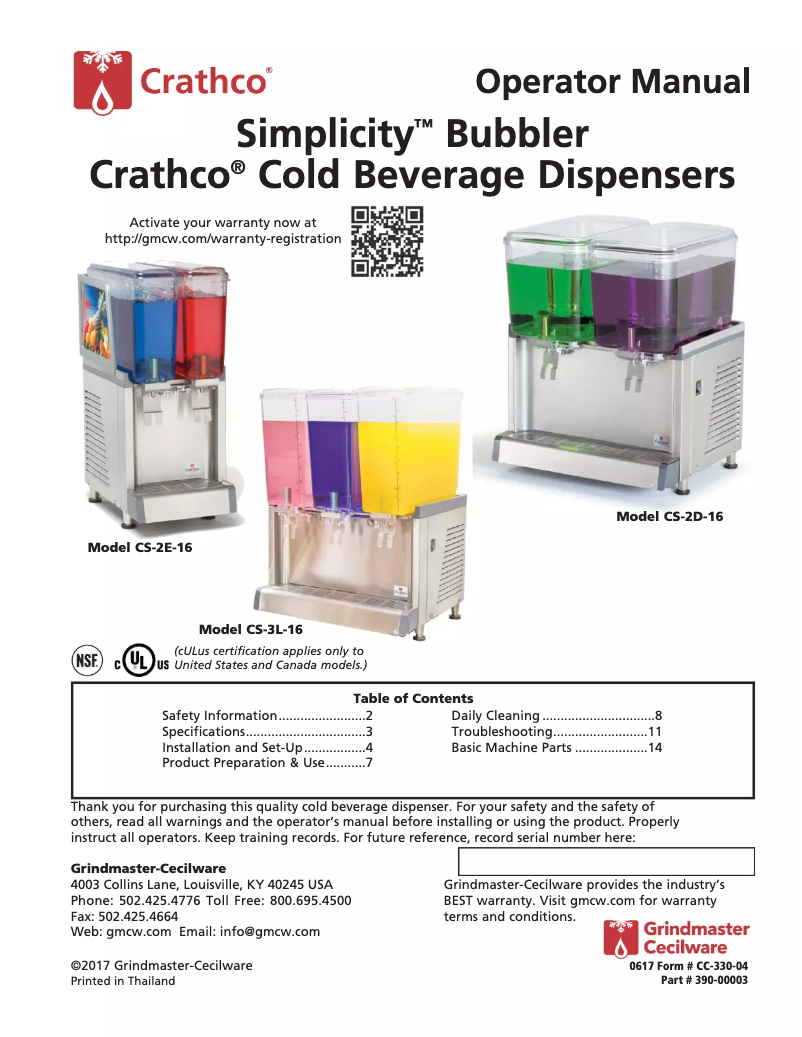 Page n°1 - Manuel utilisateur Crathco CS-2D-16