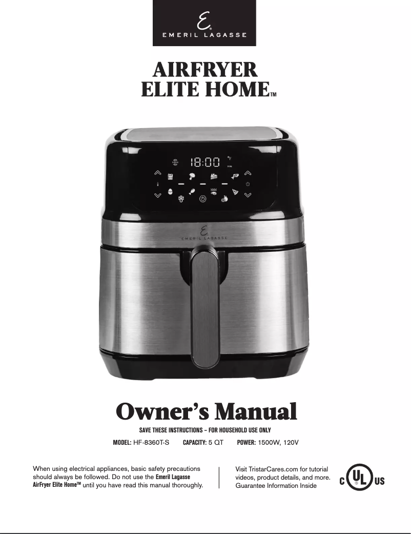Imagen de la primera página del manual del dispositivo AirFryer Elite Home HF-8360T-S