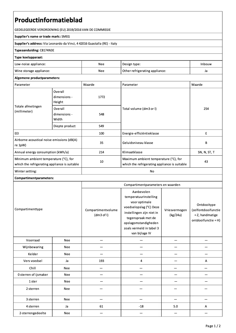 Page 1 de la notice Fiche technique Smeg C8174N3E