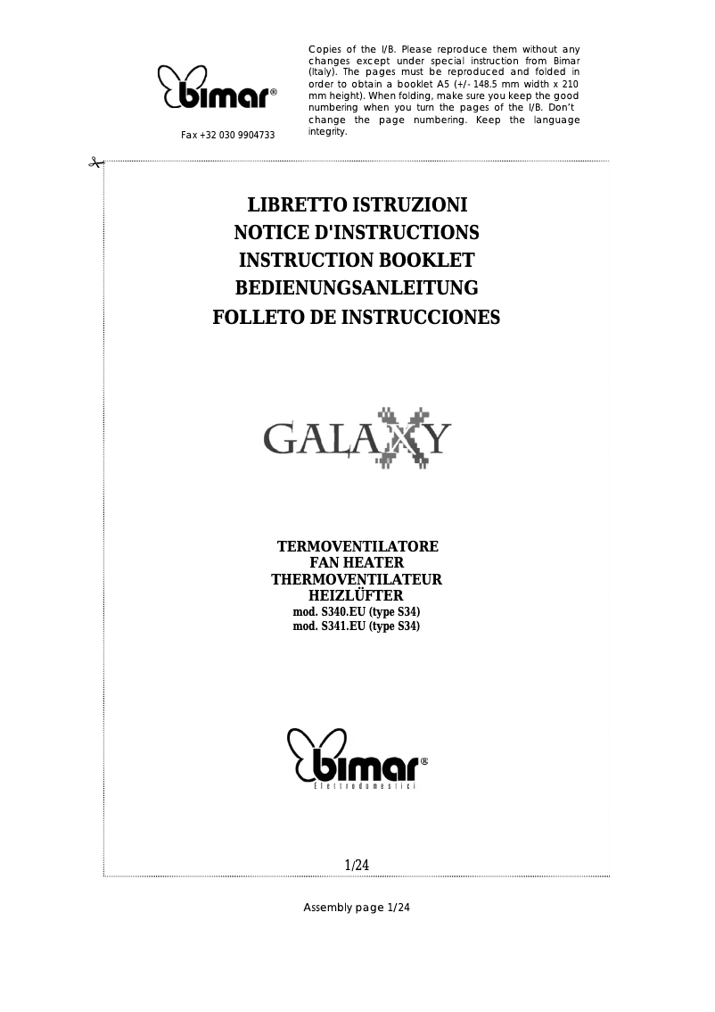 Page 1 de la notice Manuel utilisateur Bimar S340.EU