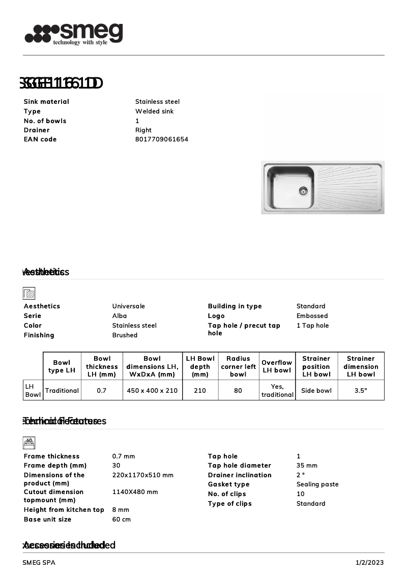 Page n°1 - Brochure Smeg SGE116.1D
