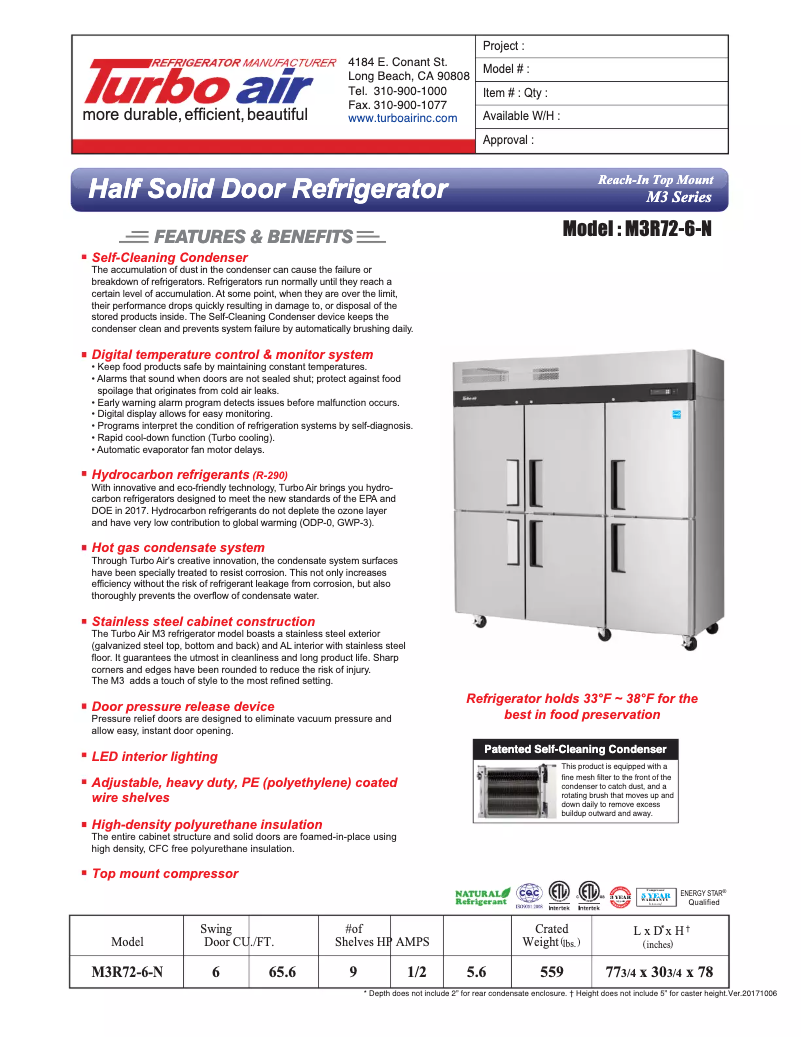 Page 1 de la notice Fiche technique Turbo air M3R72-6