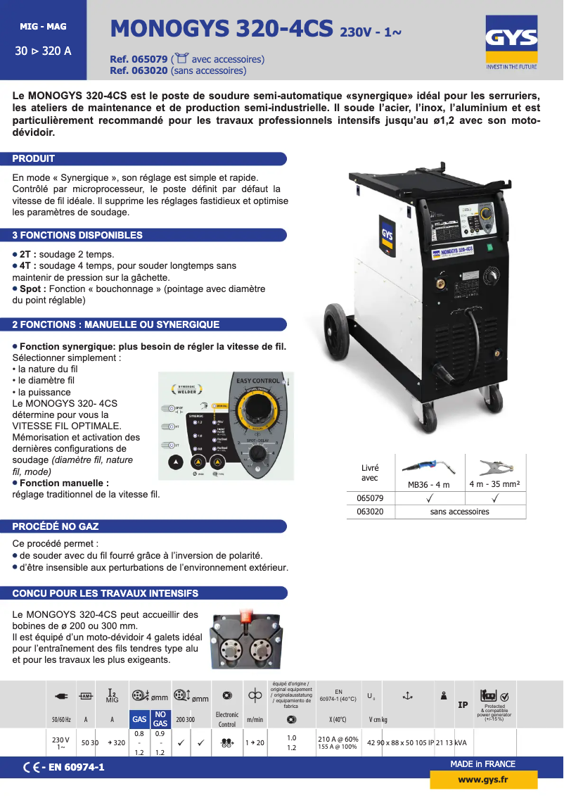 Página 1 del manual Ficha técnica GYS Monogys 320-4Cs