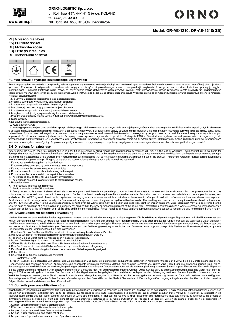 Image de la première page du manuel de l'appareil OR-AE-1310