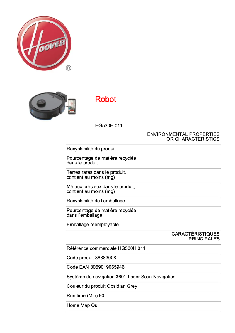 Página 1 del manual Ficha técnica Hoover HG530H 011