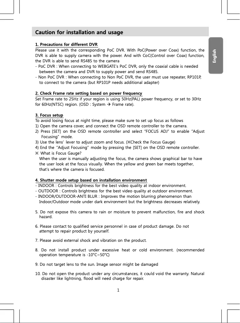 Page 1 de la notice Manuel utilisateur Webgate C1080PVD-IR-AF