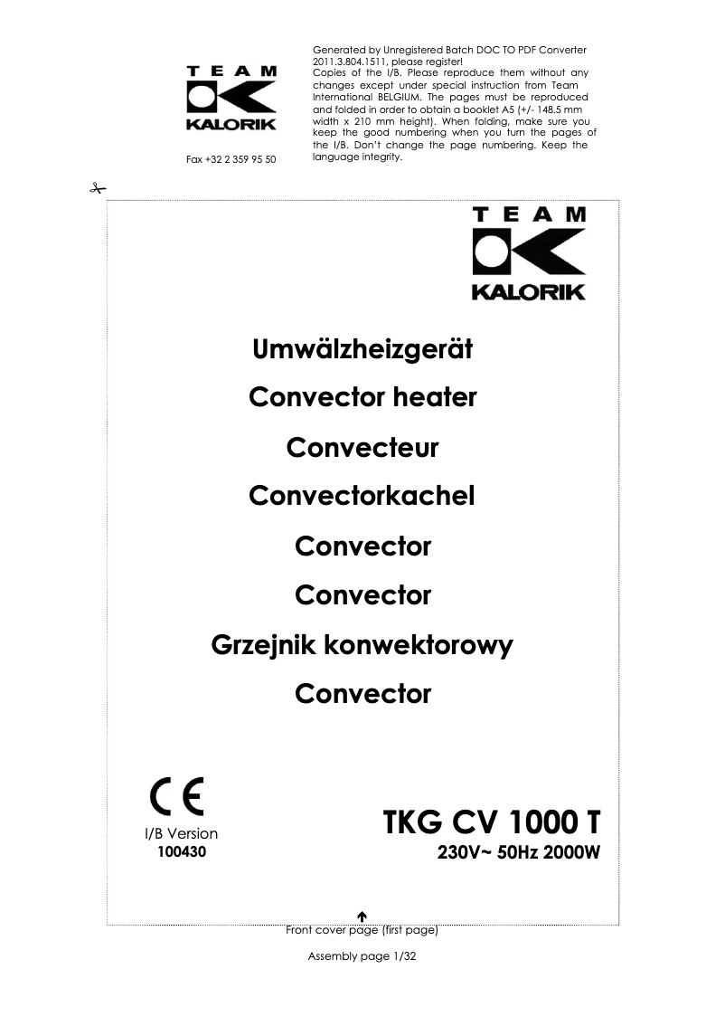 Page n°1 - Manuel utilisateur Kalorik TKG CV 1000 T