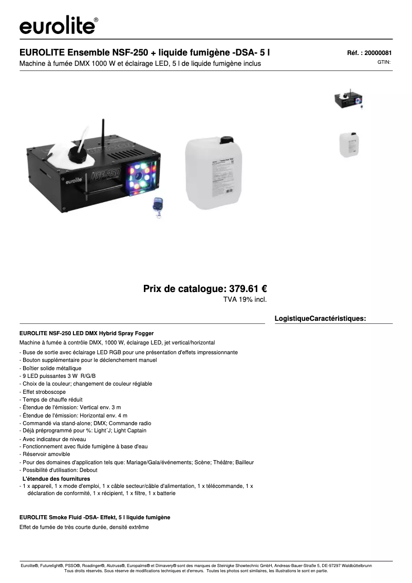 Page n°1 - Fiche technique Eurolite NSF-250 LED DMX