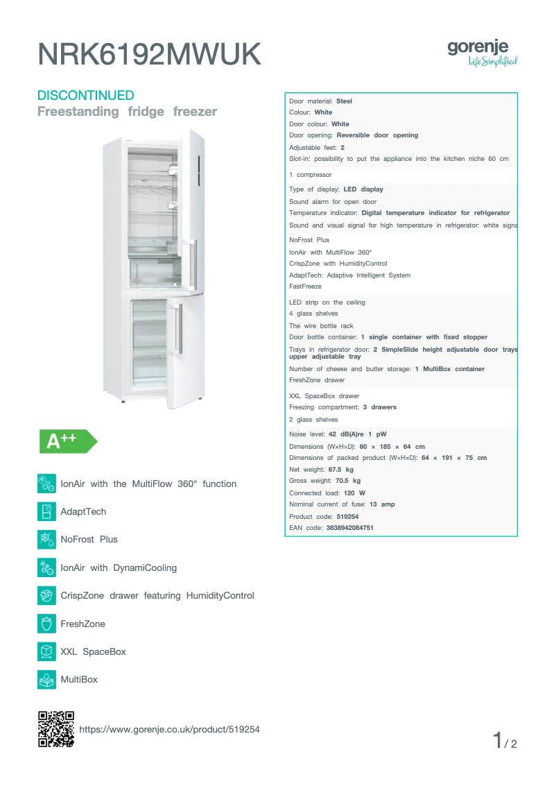 Page 1 de la notice Fiche technique Gorenje NRK6192MWUK