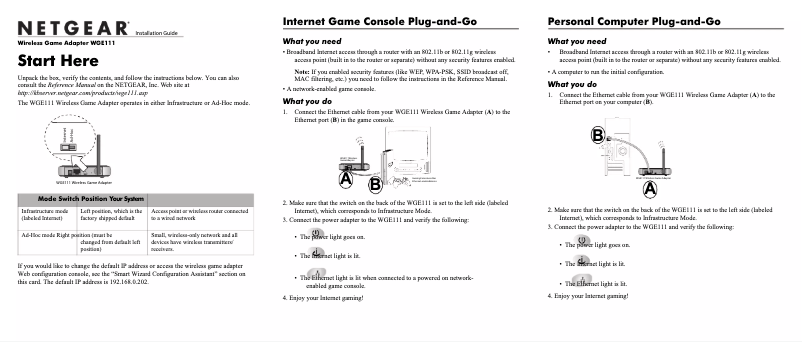 Page 1 de la notice Guide d'installation Netgear WGE111
