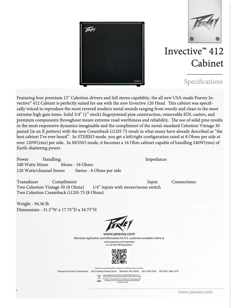 Page 1 de la notice Manuel utilisateur Peavey Invective 412