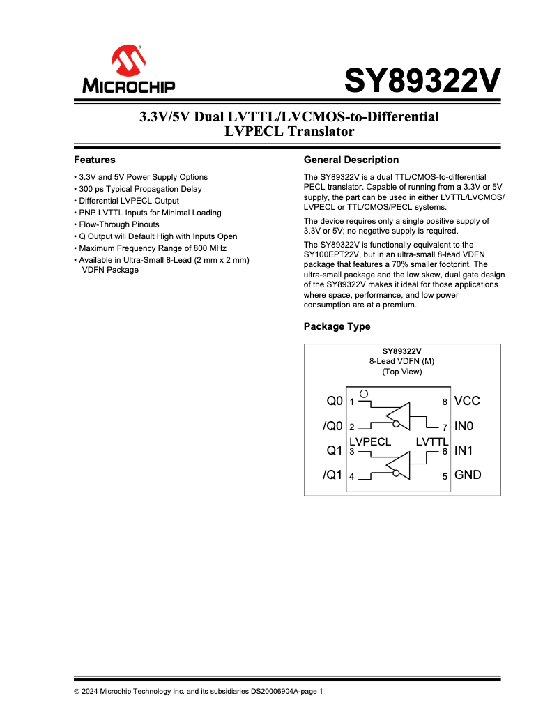 Page 1 de la notice Fiche technique Microchip SY89322V