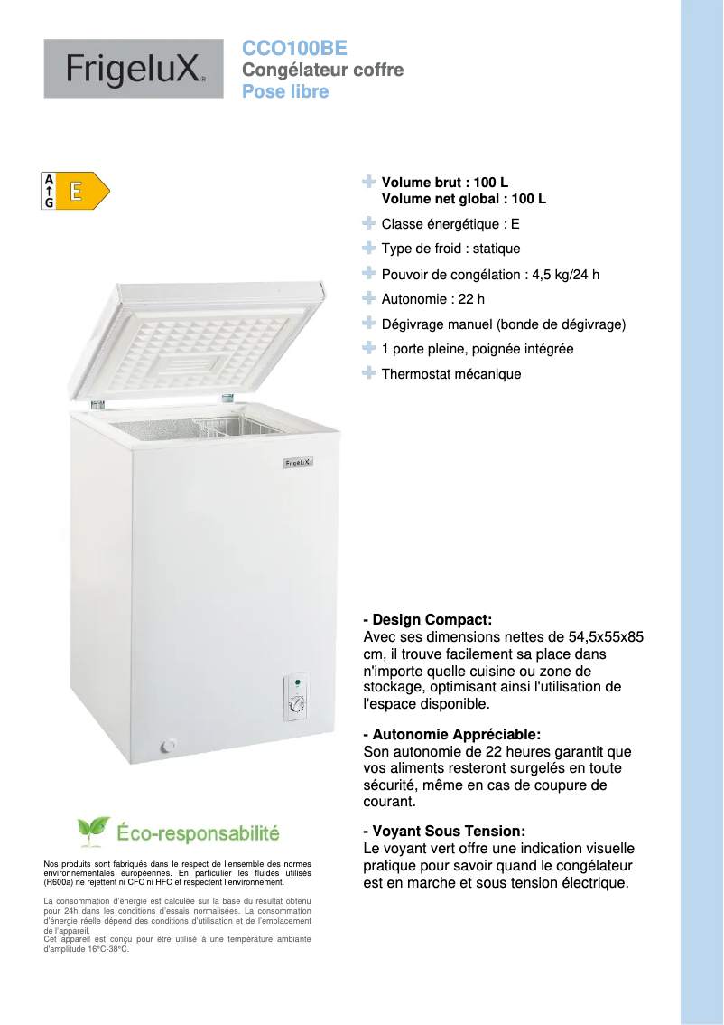 Página 1 del manual Ficha técnica FrigeluX CCO100BE