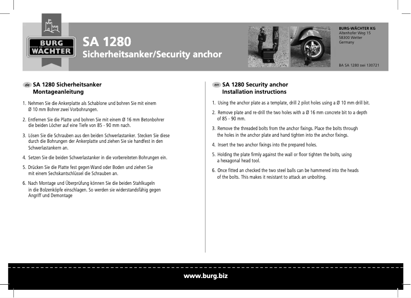 Page 1 de la notice Manuel utilisateur Burg Wächter SA 1280