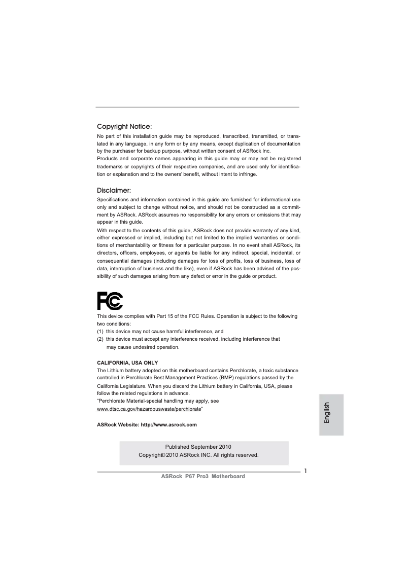 Page n°1 - Manuel utilisateur Asrock P67 Pro3