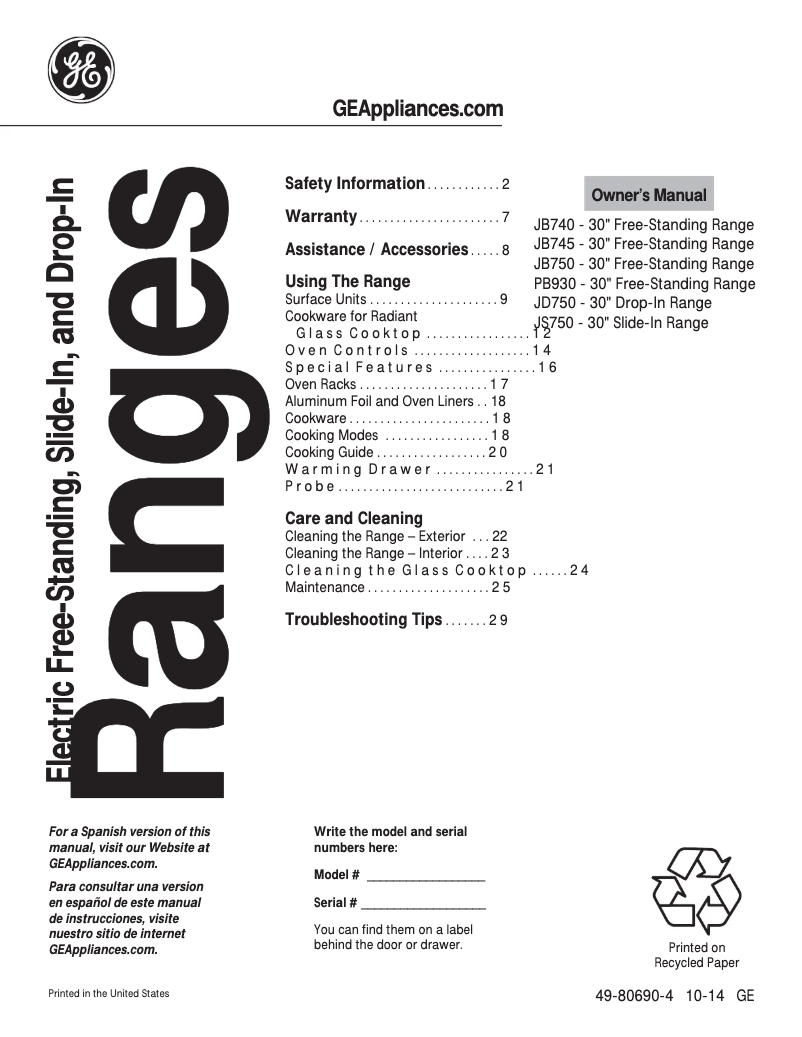 Page 1 de la notice Manuel d'utilisation et d'entretien GE Profile PB930SHSS