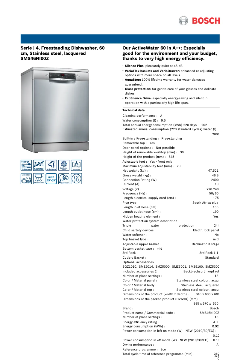 Page 1 de la notice Fiche technique Bosch SMS46NI00Z
