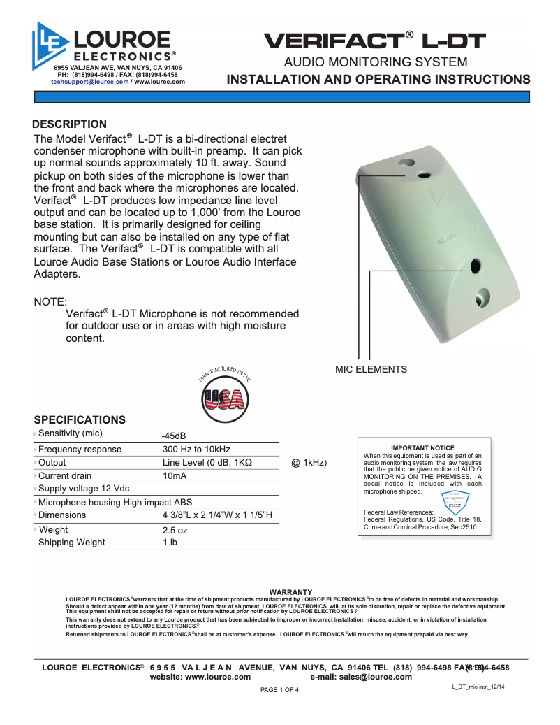 Page n°1 - Manuel utilisateur Louroe Electronics Verifact L-DT