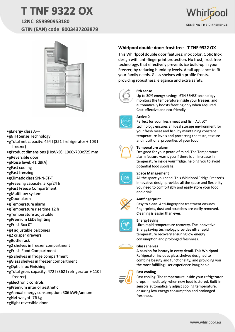 Page 1 de la notice Fiche technique Whirlpool T TNF 9322 OX