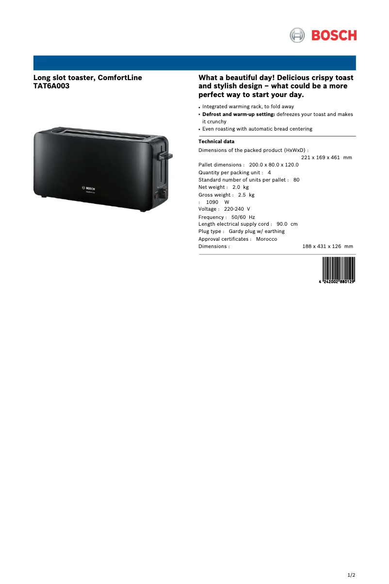 Page 1 de la notice Fiche technique Bosch ComfortLine TAT6A003