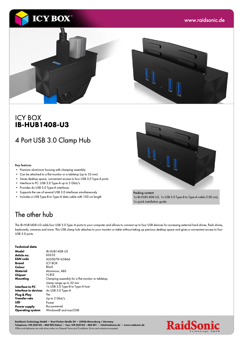 Page 1 de la notice Fiche technique Icy Box IB-HUB1408-U3