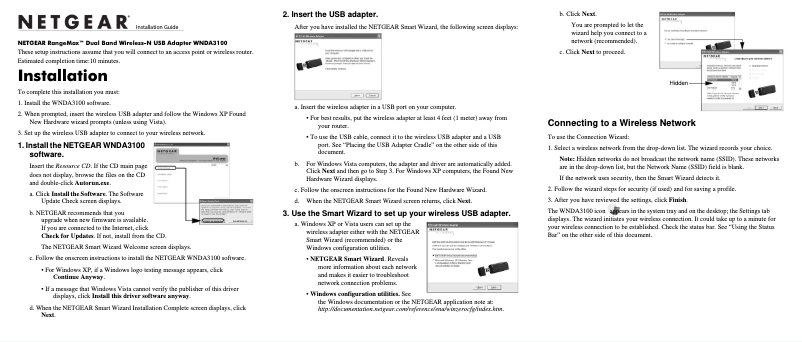 Page 1 de la notice Guide d'installation Netgear RangeMax WNDA3100