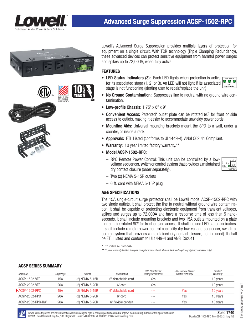 Image de la première page du manuel de l'appareil ACSP-1502-VTE