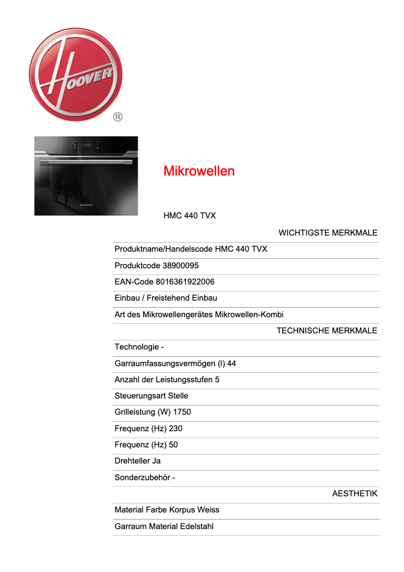 Page n°1 - Fiche technique Hoover HMC 440 TVX