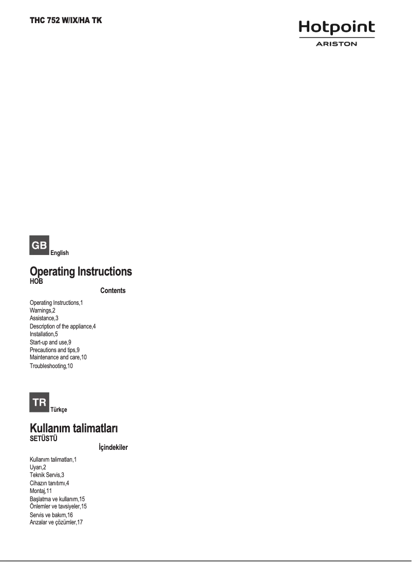 Page 1 de la notice Manuel utilisateur Hotpoint Ariston THC 752 W/IX/HA TK