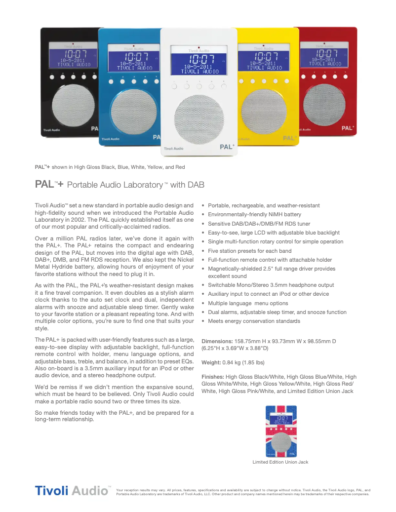 Page 1 de la notice Fiche technique Tivoli Audio PAL+