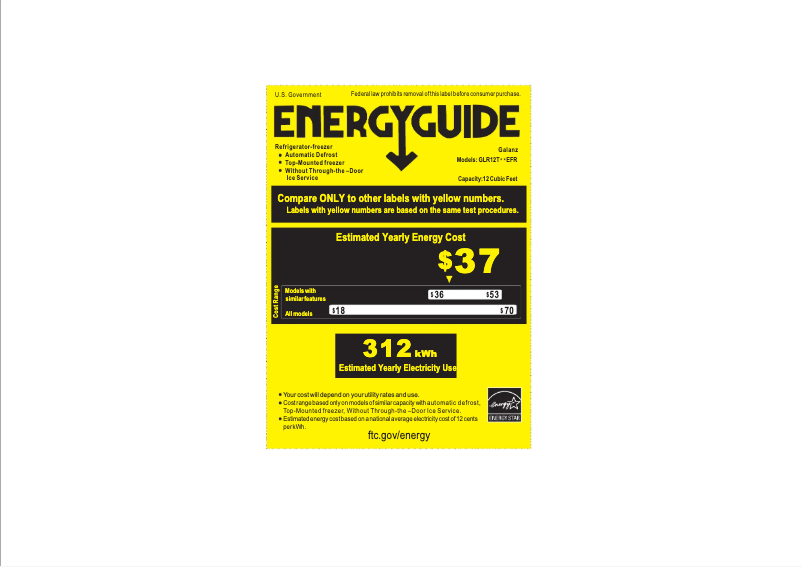 Page 1 de la notice Label énergétique Galanz GLR12TWEEFR