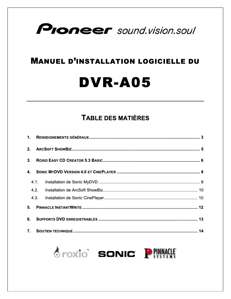 Page 1 de la notice Guide d'installation Pioneer DVR-105