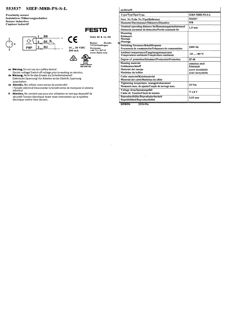 Page 1 de la notice Manuel utilisateur Festo SIEF-M8B-PS-S-L