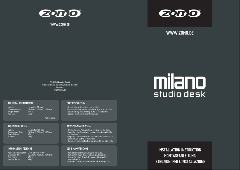 Page n°1 - Manuel utilisateur Zomo Milano
