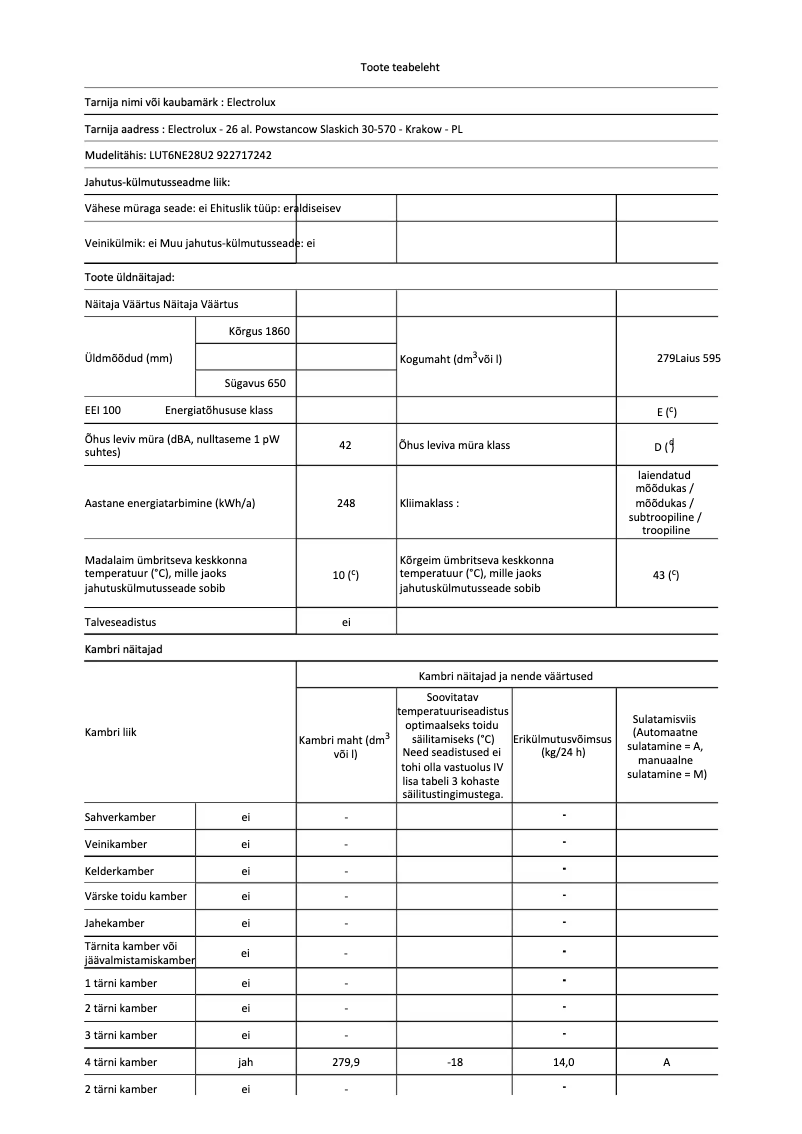 Page 1 de la notice Fiche technique Electrolux LUT6NE28U2