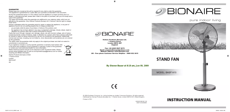 Page 1 de la notice Manuel utilisateur Bionaire BASF1415