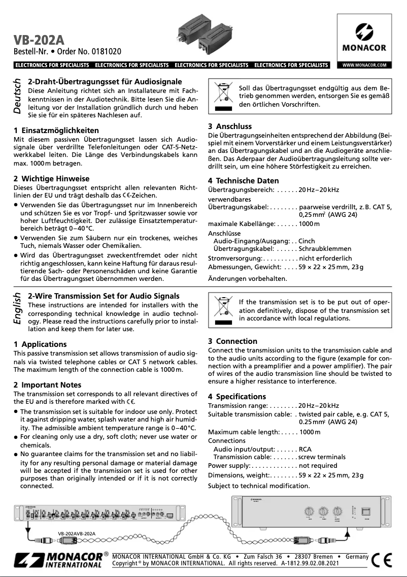 Page n°1 - Manuel utilisateur Monacor VB-202A