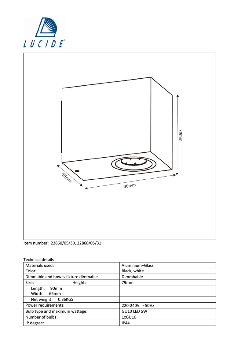 Page 1 de la notice Manuel utilisateur Lucide Zora 22860/05/30